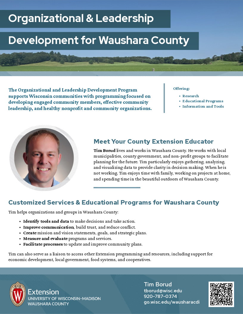 UW-Madison Extension Waushara County flyer promoting Organizational and Leadership Development services. The flyer highlights support for local governments, nonprofits, and community organizations through leadership development, strategic planning, communication, evaluation, and community decision-making resources. Contact information and a QR code are included for more information.